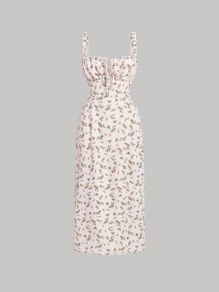 SHEIN X Tarsha Whitmore SHEIN MOD 碎花前繫帶吊帶連衣裙