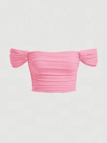 SHEIN MOD Top de hombros descubiertos ribete en forma de lechuga fruncido - Rosa - Ver 1