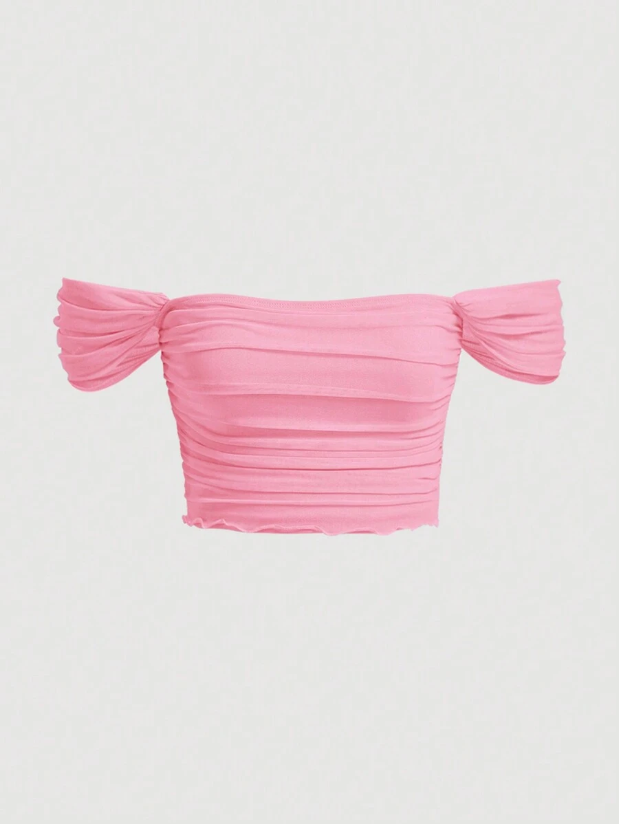SHEIN MOD Top de hombros descubiertos ribete en forma de lechuga fruncido - Rosa - Ver 1
