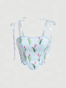 SHEIN MOD Floral Print Tie Shoulder Cami Top - Baby Blue - View 1