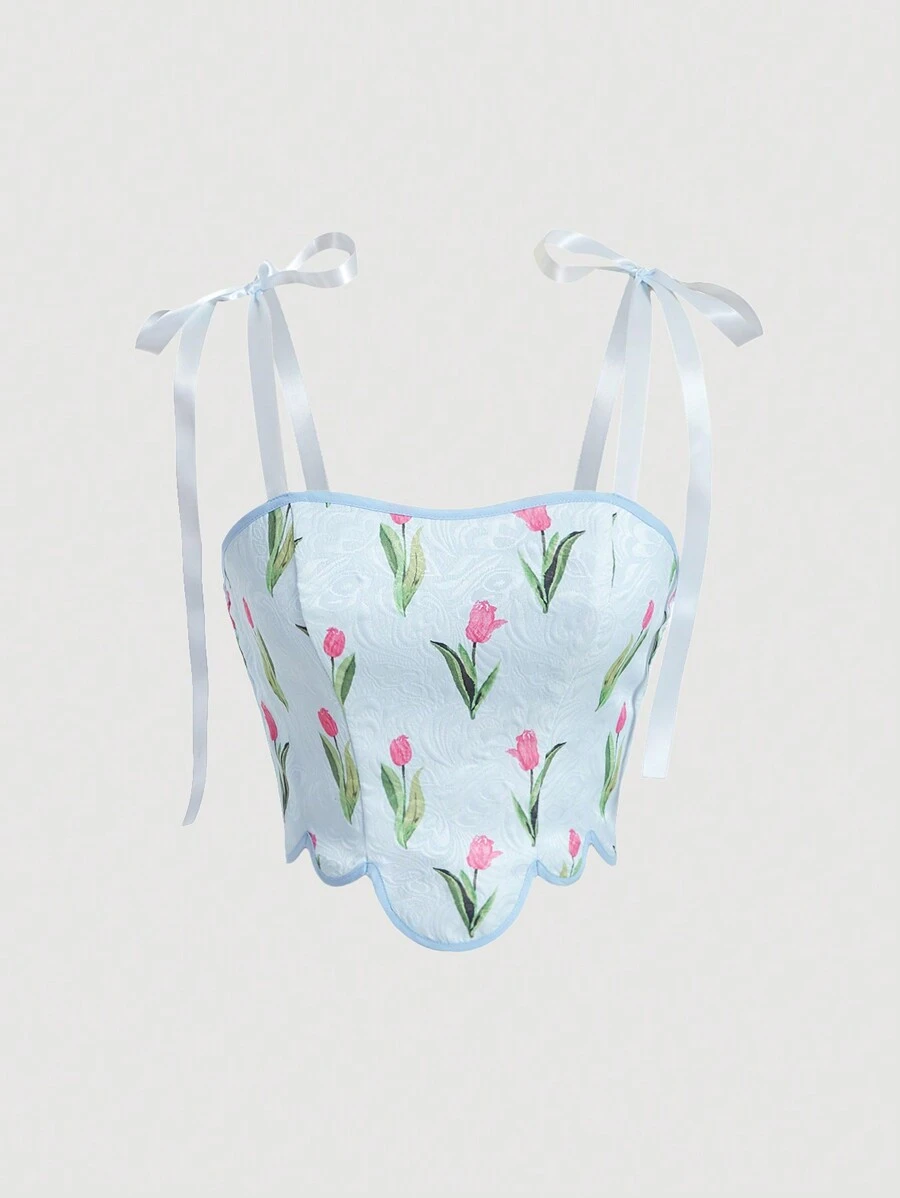 SHEIN MOD Floral Print Tie Shoulder Cami Top - Baby Blue - View 1