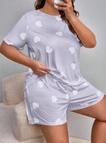 Plus Heart Print Tee & Shorts PJ Set / Pajama Set - Lilac Purple - View 1