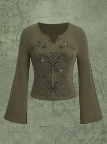 ROMWE Fairycore Butterfly Rhinestone Notched Neckline Tee - Army Green - View 1