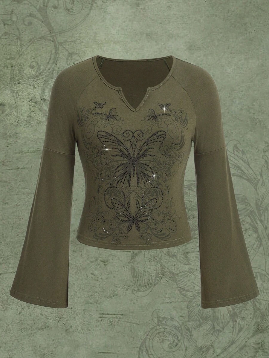 ROMWE Fairycore Butterfly Rhinestone Notched Neckline Tee - Army Green - View 1