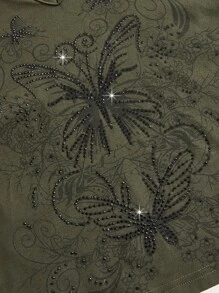 ROMWE Fairycore Butterfly Rhinestone Notched Neckline Tee - Army Green - View 2