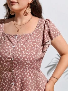 SHEIN Frenchy 大碼碎花蝴蝶袖高衩洋裝 - 藕粉色 - 查看 5