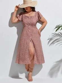 SHEIN Frenchy 大碼碎花蝴蝶袖高衩洋裝 - 藕粉色 - 查看 1