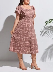 SHEIN Frenchy 大碼碎花蝴蝶袖高衩洋裝 - 藕粉色 - 查看 7