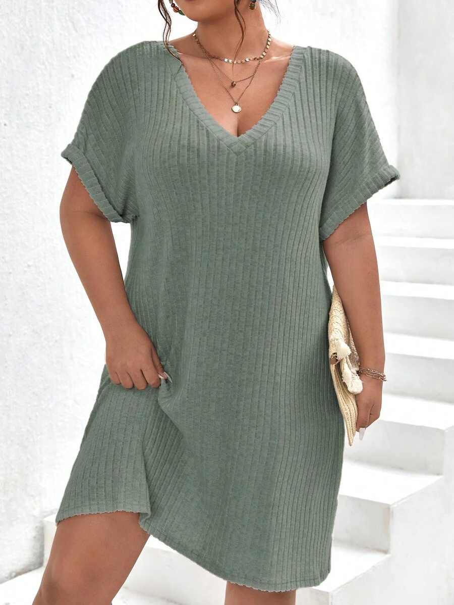 SHEIN Frenchy Plus Ribbed Knit Batwing Sleeve Dress - Green - View 1