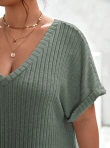 SHEIN Frenchy Plus Ribbed Knit Batwing Sleeve Dress - Green - View 3