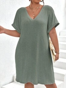 SHEIN Frenchy Plus Ribbed Knit Batwing Sleeve Dress - Green - View 4