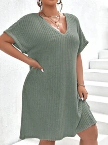 SHEIN Frenchy Plus Ribbed Knit Batwing Sleeve Dress - Green - View 5