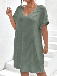 SHEIN Frenchy Plus Ribbed Knit Batwing Sleeve Dress - Green - View 6
