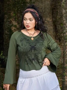 ROMWE Fairycore Plus Butterfly Print Raglan Sleeve Tee - Army Green - View 1