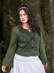 ROMWE Fairycore Plus Butterfly Print Raglan Sleeve Tee - Army Green - View 3