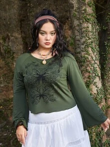 ROMWE Fairycore Plus Butterfly Print Raglan Sleeve Tee - Army Green - View 4