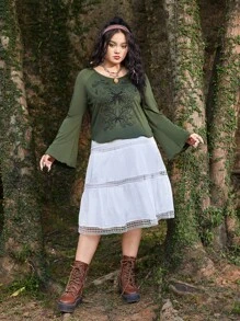 ROMWE Fairycore Plus Butterfly Print Raglan Sleeve Tee - Army Green - View 6