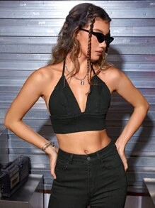 Top mezclilla crop de espalda abierta con cordón de cuello halter - Negro - Ver 5