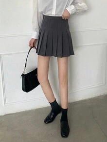 素色百褶迷你半身裙