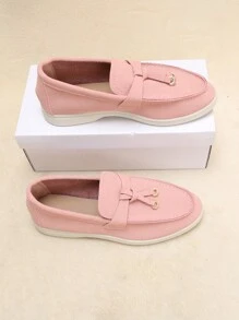 時尚粉色的平底鞋適用於圓圈裝飾仿麂皮一腳蹬樂福鞋 - 粉色 - 查看 2