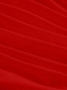 SHEIN MOD Off Shoulder Ruched Crop Red V-Neck Cropped Tight Mesh Pleated Top,Valentine Outfits,Valentine Outfits - Red - View 4