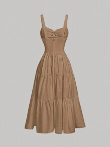 SHEIN MOD Solid Lace Up Ruffle Hem Cami Dress - Camel - View 2