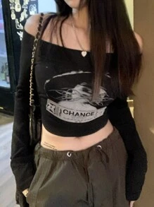 Letter Graphic Bardot Crop Tee - Black - View 1