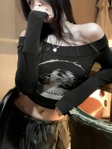 Letter Graphic Bardot Crop Tee - Black - View 3