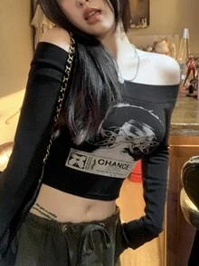 Letter Graphic Bardot Crop Tee - Black - View 6
