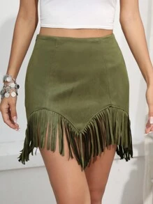 RELISH NOLESS Váy ngắn tua rua da lộn phong cách Boho, lễ hội Cowgirl mùa xuân hè dành cho nữ, hòa nhạc đồng quê, ngày lễ - xanh quân đội - Xem 1