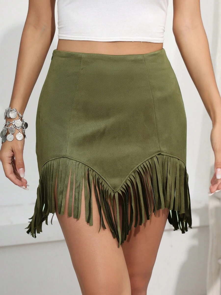 RELISH NOLESS Váy ngắn tua rua da lộn phong cách Boho, lễ hội Cowgirl mùa xuân hè dành cho nữ, hòa nhạc đồng quê, ngày lễ - xanh quân đội - Xem 1