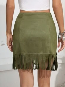 RELISH NOLESS Váy ngắn tua rua da lộn phong cách Boho, lễ hội Cowgirl mùa xuân hè dành cho nữ, hòa nhạc đồng quê, ngày lễ - xanh quân đội - Xem 2