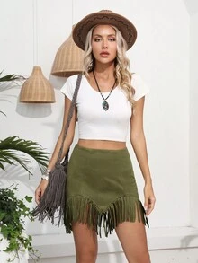 RELISH NOLESS Váy ngắn tua rua da lộn phong cách Boho, lễ hội Cowgirl mùa xuân hè dành cho nữ, hòa nhạc đồng quê, ngày lễ - xanh quân đội - Xem 3