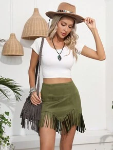RELISH NOLESS Váy ngắn tua rua da lộn phong cách Boho, lễ hội Cowgirl mùa xuân hè dành cho nữ, hòa nhạc đồng quê, ngày lễ - xanh quân đội - Xem 6