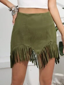 RELISH NOLESS Váy ngắn tua rua da lộn phong cách Boho, lễ hội Cowgirl mùa xuân hè dành cho nữ, hòa nhạc đồng quê, ngày lễ - xanh quân đội - Xem 7