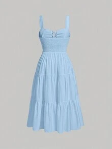 SHEIN MOD Hơn Lace lên phía trước Xù Hoa Sen Váy Dây - Màu xanh nhạt - Xem 2
