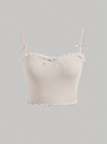 SHEIN MOD Frill Trim Bow Front Lettuce Trim Cami Top - Beige - View 1