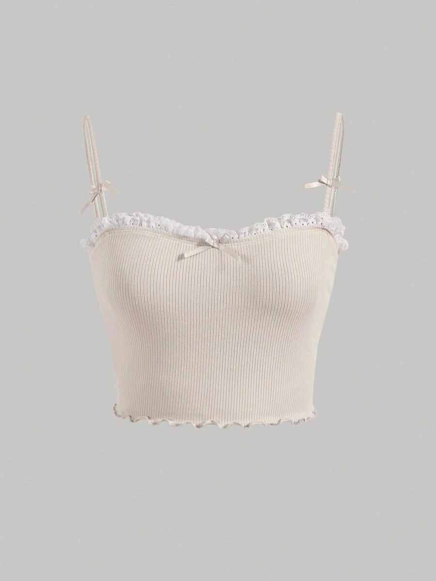 SHEIN MOD Frill Trim Bow Front Lettuce Trim Cami Top - Beige - View 1