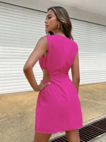 SHEIN EZwear Đầm Cắt ra Xù màu trơn Giải trí - Màu Hồng Tươi - Xem 2