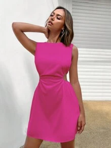 SHEIN EZwear Đầm Cắt ra Xù màu trơn Giải trí - Màu Hồng Tươi - Xem 6