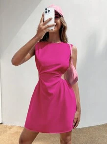 SHEIN EZwear Đầm Cắt ra Xù màu trơn Giải trí - Màu Hồng Tươi - Xem 1