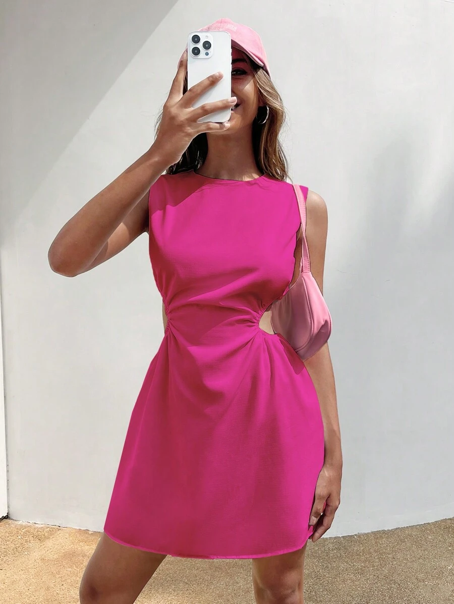 SHEIN EZwear Đầm Cắt ra Xù màu trơn Giải trí - Màu Hồng Tươi - Xem 1