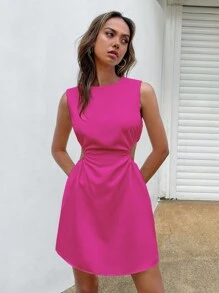 SHEIN EZwear Đầm Cắt ra Xù màu trơn Giải trí - Màu Hồng Tươi - Xem 4