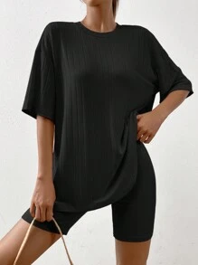 SHEIN EZwear Camiseta de hombros caídos unicolor & Shorts biker - Negro - Ver 1