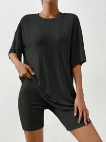 SHEIN EZwear Camiseta de hombros caídos unicolor & Shorts biker - Negro - Ver 5