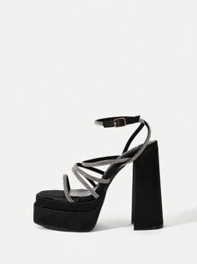 SheIn SXY Women Rhinestone Decor Chunky Heeled Ankle Strap Sandals, Glamorous Party Fabric Heeled Sandals