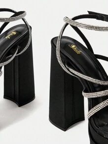 SheIn SXY Women Rhinestone Decor Chunky Heeled Ankle Strap Sandals, Glamorous Party Fabric Heeled Sandals