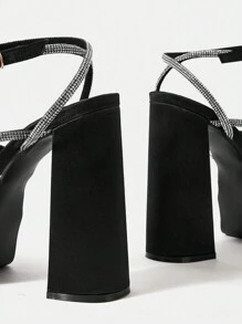 SheIn SXY Women Rhinestone Decor Chunky Heeled Ankle Strap Sandals, Glamorous Party Fabric Heeled Sandals
