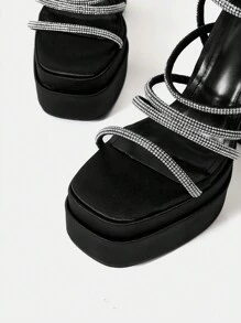 SheIn SXY Women Rhinestone Decor Chunky Heeled Ankle Strap Sandals, Glamorous Party Fabric Heeled Sandals