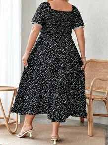 SHEIN Franclia Plus Ditsy Floral Print Square Neck Split Thigh Dress